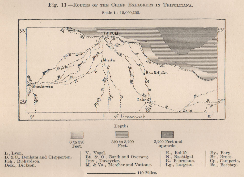Routes of the chief explorers in Tripolitana. Libya 1885 old antique map chart